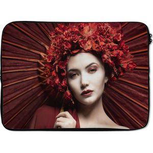 Laptophoes 13 inch - Vrouw - Rood - Portret - Paraplu - Laptop sleeve - Binnenmaat 32x22,5 cm - Zwarte achterkant