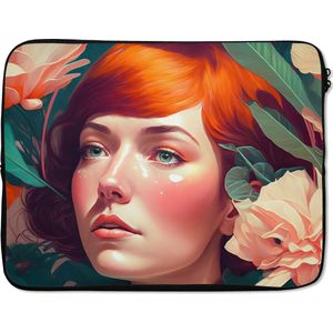 Laptophoes 17 inch - Portret - Vrouw - Bloemen - Roze - Botanisch - Laptop sleeve - Binnenmaat 42,5x30 cm - Zwarte achterkant