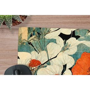 Muismat XXL - Bureau onderlegger - Bureau mat - Bloemen - Planten - Vintage - Azië - Oranje - 40x40 cm - XXL muismat
