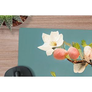 Muismat XXL - Bureau onderlegger - Bureau mat - Bloemen - Bloesem - Kersen - Tak - Wit - 120x80 cm - XXL muismat