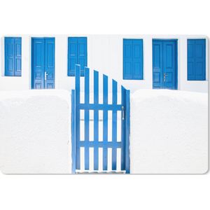 Muismat XXL - Bureau onderlegger - Bureau mat - Architectuur - Hek - Wit - Blauw - Deuren - 120x80 cm - XXL muismat