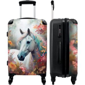 NoBoringSuitcases.com® Trolley Koffer Reiskoffers Suitcase Large Paard - Wit - Bloemen - Meisjes - 67x43x25cm