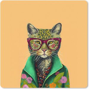 Muismat XXL - Bureau onderlegger - Bureau mat - Dieren - Kat - Bril - Bloemen - Hippie - 80x80 cm - XXL muismat
