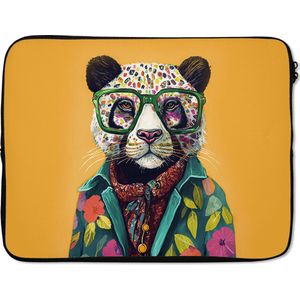 Laptophoes 17 inch - Panda - Bril - Bloemen - Hippie - Laptop sleeve - Binnenmaat 42,5x30 cm - Zwarte achterkant