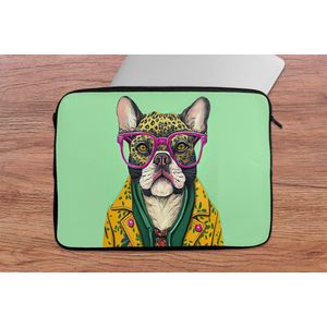 Laptophoes 13 inch - Hond - Hippie - Dieren - Bril - Laptop sleeve - Binnenmaat 32x22,5 cm - Zwarte achterkant