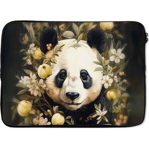 Laptophoes 14 inch - Panda - Pandabeer - Wilde dieren - Natuur - Bloemen - Laptop sleeve - Binnenmaat 34x23,5 cm - Zwarte achterkant