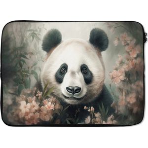 Laptophoes 13 inch - Panda - Dieren - Bloemen - Planten - Laptop sleeve - Binnenmaat 32x22,5 cm - Zwarte achterkant