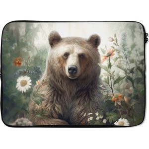 Laptophoes 13 inch - Bruine beer - Wilde dieren - Bloemen - Planten - Laptop sleeve - Binnenmaat 32x22,5 cm - Zwarte achterkant