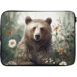 Laptophoes 14 inch - Bruine beer - Wilde dieren - Bloemen - Planten - Laptop sleeve - Binnenmaat 34x23,5 cm - Zwarte achterkant