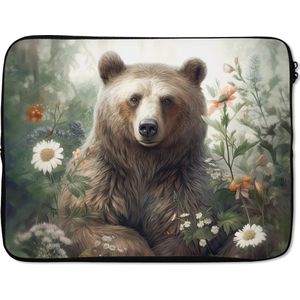 Laptophoes 15.6 inch - Bruine beer - Wilde dieren - Bloemen - Planten - Laptop sleeve - Binnenmaat 39,5x29,5 cm - Zwarte achterkant