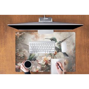 Muismat XXL - Bureau onderlegger - Bureau mat - Kolibrie - Vogels - Bloemen - Planten - 90x60 cm - XXL muismat