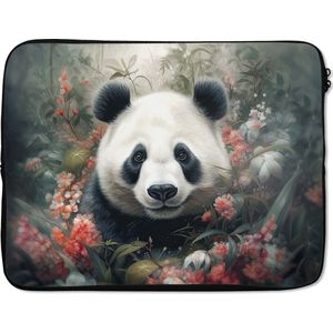 Laptophoes 17 inch - Panda - Wilde dieren - Bloemen - Natuur - Laptop sleeve - Binnenmaat 42,5x30 cm - Zwarte achterkant