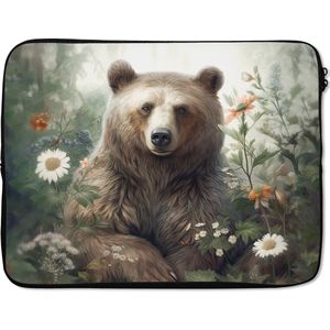Laptophoes 17 inch - Bruine beer - Wilde dieren - Bloemen - Planten - Laptop sleeve - Binnenmaat 42,5x30 cm - Zwarte achterkant