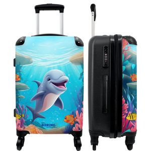 NoBoringSuitcases.com - Grote koffer blauw - Dolfijn kinderkoffer geschikt voor jongens en meisjes - Reiskoffer met 4 wielen - Trolley op wieltjes 60 liter - Rolkoffer groot kinderen tsa slot - Ruimbagage valies 20kg - Bagagekoffer lichtgewicht XL