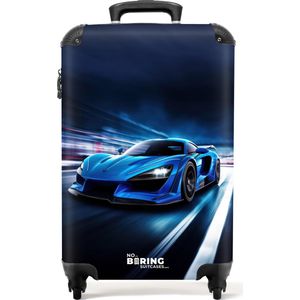 NoBoringSuitcases.com® - Kinderkoffer jongen raceauto - Blauwe kindertrolley jongens - Handbagage koffer lichtgewicht - Reiskoffer trolley kinderen - Rolkoffer met wieltjes - Past binnen 55x40x20 en 55x35x25