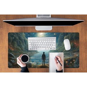 Muismat XXL - Bureau onderlegger - Bureau mat - Gebergte - Water - Maan - Sterren - 100x50 cm - XXL muismat - Geschikt voor Gaming Muis en Gaming PC set-up