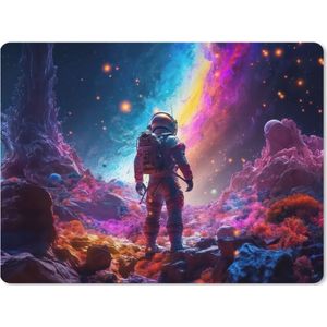 Muismat XXL - Bureau onderlegger - Bureau mat - Ruimte - Astronaut - Neon - Sterren - 80x60 cm - XXL muismat - Geschikt voor Gaming Muis en Gaming PC set-up