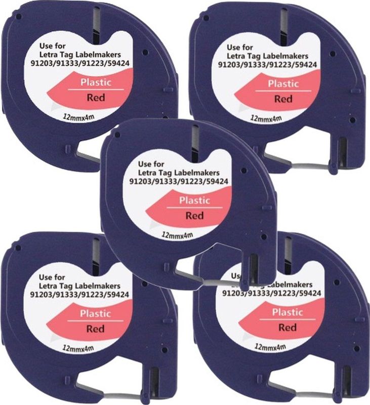 Dymo - 91203 - Label Tape - Zwart op Rood - 12 mm x 4 m - 5 stuks - Geschikt voor: 109-XR 2000 LT-100H LT-100T QX50 XM XR