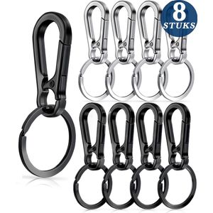 8 Stuks Zwart RVS Karabijnhaak Sleutelhangers - Musketonhaak met Sleutelringen voor Volwassenen - Mini Musketon en ringetjes - Carabijn Auto Klein Carabiner Sleutel Hanger, Houder - Karabijn haak Ringen - Carabijnhaak Keychain Karabijnsluiting