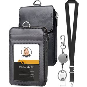 Kaartenhouder met Afneembaar Lanyard en Uittrekbare Sleutelhanger - Keycord Badgehouder - Kaarthouder voor Pasjes met Ritsvak - Portemonnee Kaart Houder - Nekkoord Keykoord - Universeel ID Pashouder - Badge Sleutels Koord - Nek Sleutelkoord - Zwart