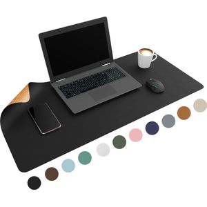 WURK Dubbelzijdige Bureau Onderlegger Kunstleer en Kurk - Bureau Organizer – Bureaumat – Bureau Accessoires – Muismat XXL – Inclusief Kabel Clip - Zwart Kurk - 90x45