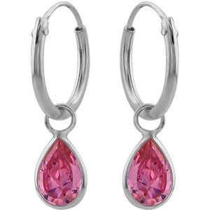 Zilveren oorbellen | Oorringen met hanger | Zilveren oorringen met hanger, druppelvormig kristal roze