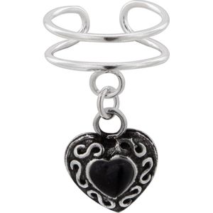 Zilveren ear cuff met hanger, bewerkt hart met onyx steen