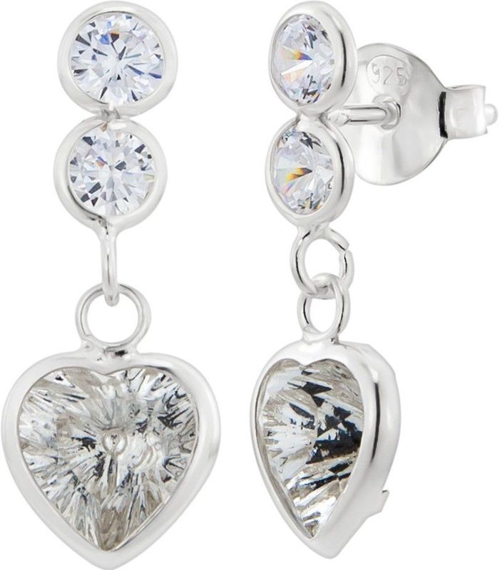 Oorbellen zilver | Hangers | Zilveren oorstekers, hangend hart met kristallen