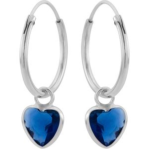 Zilveren oorringen met hanger, hartvormige cubic zirkonia steen kleur capri blue