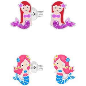 Set van zilveren oorstekers, zeemeermin met paarse staart en ster en zeemeermin met roze haar en blauwe staart