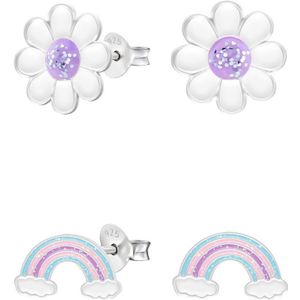 Set van zilveren oorstekers, madeliefje met paars hart met glitter en regenboog in pastel kleuren met glitter