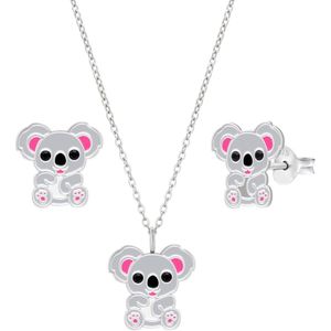 Set van zilveren oorstekers en ketting, koala beertje met onyx ogen