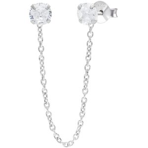 Zilveren oorsteker met chain, ronde knopjes van kristal