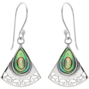 Oorbellen zilver | Hangers | Zilveren oorhangers, druppel van Abalone steen in bewerkte driehoek