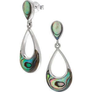 Zilveren oorsteker met hanger, opengewerkte druppel met Abalone steen