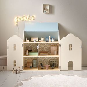 Petite Amélie - Houten Poppenhuis - Beige & Pastelblauw - Drie Verdiepingen