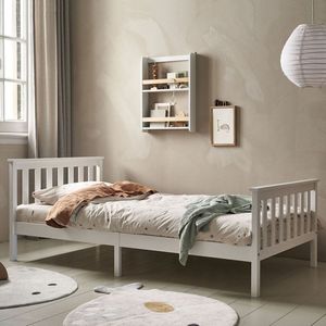 Bed met hoofdeinde 140 x 200 cm - opgevuld met linnen - lattenbodem - grijs Bed met hoofdeinde 140 x 200 cm - opgevuld met linnen - lattenbodem - grijs