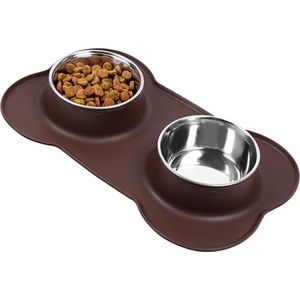 JAXY Voerbak Kat - Voerbak Hond - Voerbakken - Drinkbak - Voerbakjes Kat - Kattenvoerbakjes - RVS - Voedselveilig Siliconen - Bruin - Maat L