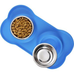 JAXY Voerbak Kat - Voerbak Hond - Voerbakken - Drinkbak - Voerbakjes Kat - Kattenvoerbakjes - RVS - Voedselveilig Siliconen - Blauw - Maat L