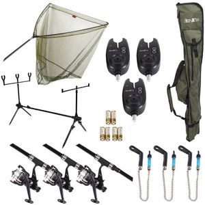 FISH XPRO - Karperset -Improve Deluxe - 3 Hengels compleet - Karpernet - Rodpod -Beetmelders