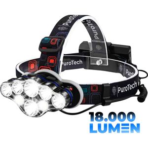 PuroTech Militaire Hoofdlamp - Hoofdlamp LED oplaadbaar - Extra Krachtig - Hoofdlampje - 8 LED-koplampen - 18000 lumen - 600 meter bereik - Verstelbaar - Militaire zaklamp