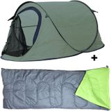 HIXA Pop-Up Tent - Groen - 1 persoons - festival - Met Tentharingen - en Slaapzak - 220x120x95cm