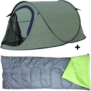 HIXA Pop-Up Tent - Groen - 1 persoons - festival - Met Tentharingen - en Slaapzak - 220x120x95cm