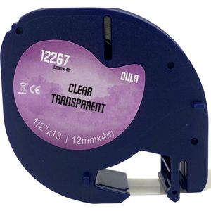 DULA - Dymo LetraTag 12267 - S0721530 - Label Tape - Zwart op Transparant plastic - 12mm x 4m - 1 Stuk