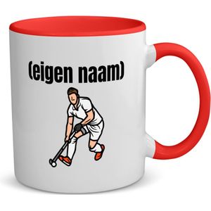 Akyol - hockey man met eigen naam koffiemok - theemok - rood - Hockey - atleten - mok met eigen naam - iemand die houdt van hockey - verjaardag - cadeau - kado - 350 ML inhoud