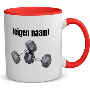 Akyol - 10 kg dumbbells met eigen naam koffiemok - theemok - rood - Fitness - atleten/sport liefhebbers - sport - gewichten - fitness - verjaardag - cadeau - kado - 350 ML inhoud