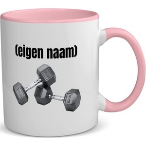 Akyol - 10 kg dumbbells met eigen naam koffiemok - theemok - roze - Fitness - atleten/sport liefhebbers - sport - gewichten - fitness - verjaardag - cadeau - kado - 350 ML inhoud
