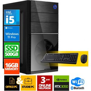 Intel Compleet PC + Muis & Toetsenbord | Intel Core i5 | 16 GB DDR4 | 500 GB SSD - NVMe | RTX 3050 | Windows 11 Pro + WiFi & Bluetooth