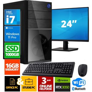 Intel Compleet PC + 24"" Monitor + Muis & Toetsenbord | Intel Core i7 | 16 GB DDR4 | 1 TB SSD | RTX 3050 | Windows 11 Pro + WiFi & Bluetooth