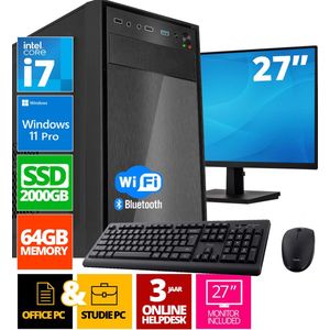 Intel Compleet PC SET | Intel Core i7 | 64 GB DDR4 | 2 TB SSD + 27 Inch Monitor + Muis + Toetsenbord | Windows 11 Pro + WiFi & Bluetooth